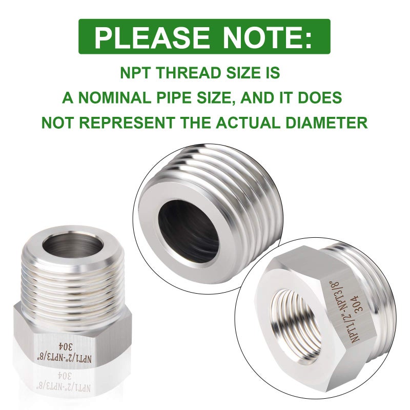 TAISHER 2PCS Forging of 304 Stainless Steel Reducer Hex Bushing, 1/2" Male NPT to 3/8" Female NPT, Reducing Forging Pipe Adapter Fitting - Image 5